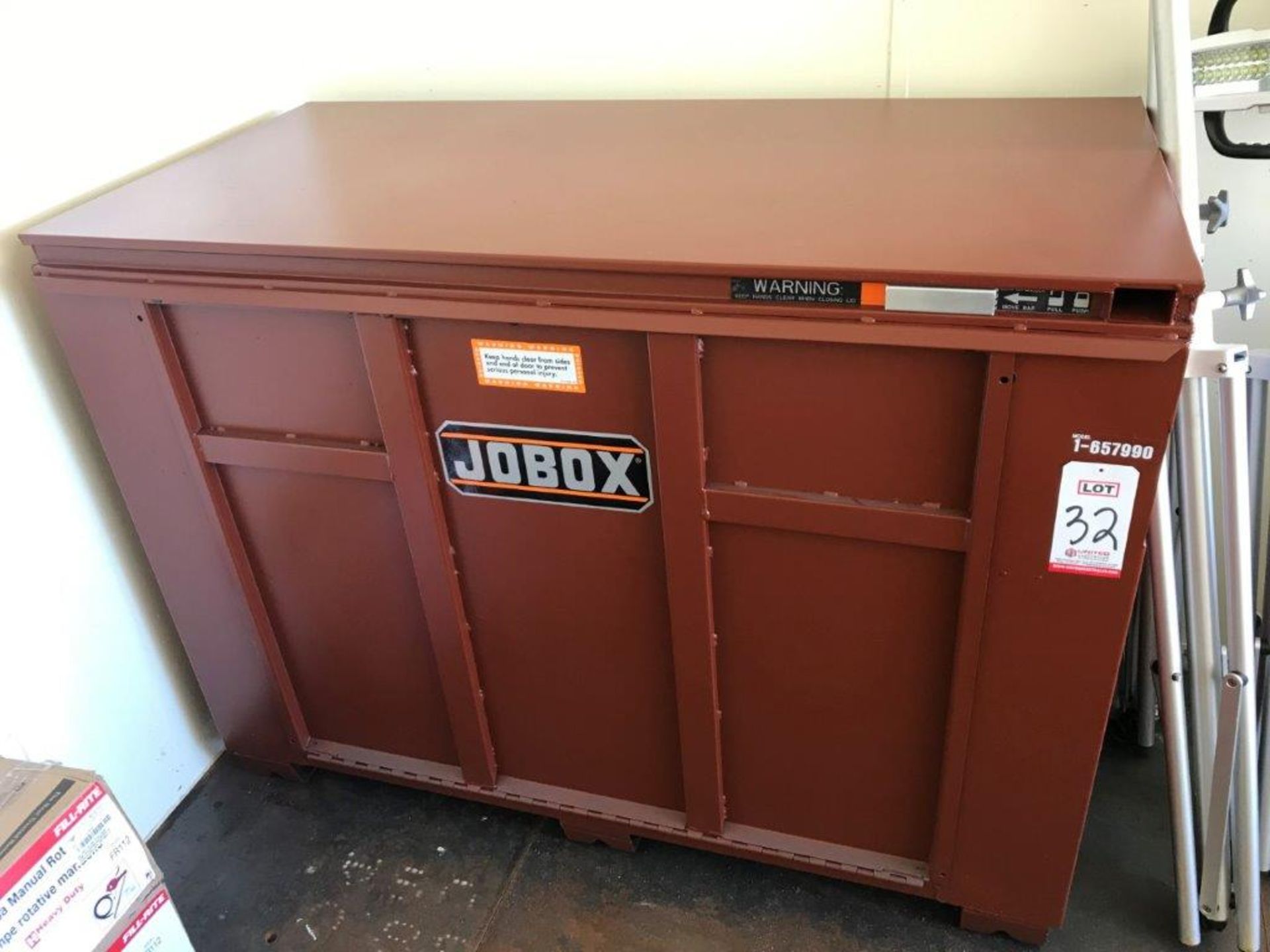 JOBOX, MODEL 1-657990, 60" X 30" X 42" DEEP, W/ CONTENTS: PPE, PLASTIC GAS CONTAINERS, ETC. (