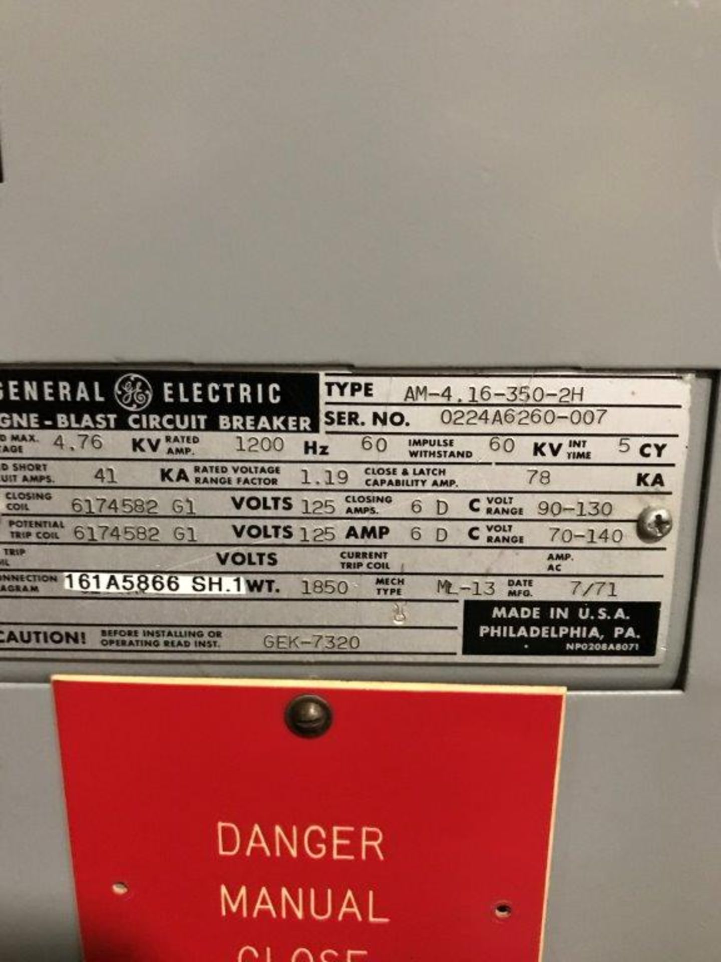 GENERAL ELECTRIC MANGE-BLAST CIRCUIT BREAKER, TYPE AM-4.16-350-2H, 4.76 KV, 1200 AMP (LOCATION: - Image 2 of 2