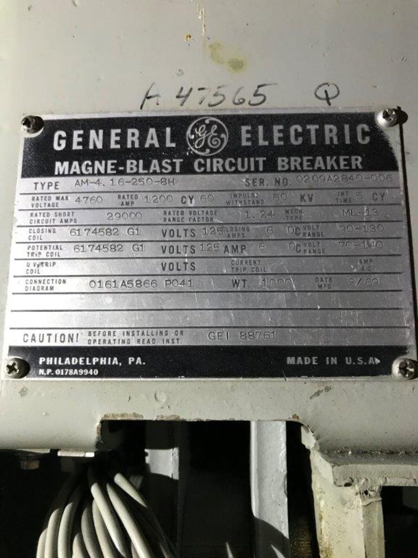 GENERAL ELECTRIC MANGE-BLAST CIRCUIT BREAKER, TYPE AM-4.16-250-8H, 4760 VOLT, 1200 AMP (LOCATION: - Image 2 of 2