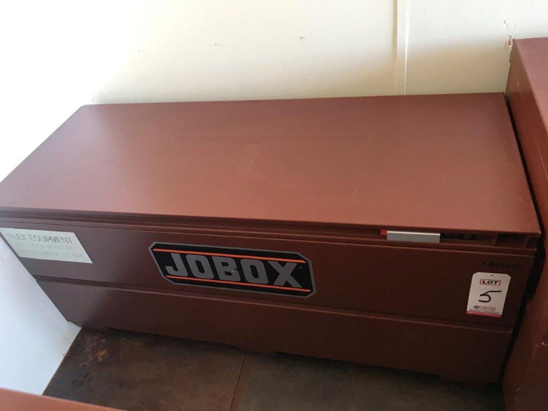 JOBOX, MODEL 1-655990, 60" X 24" X 24" DEEP, W/ CONTENTS: PPE, PLASTIC GAS CONTAINERS, ETC. (