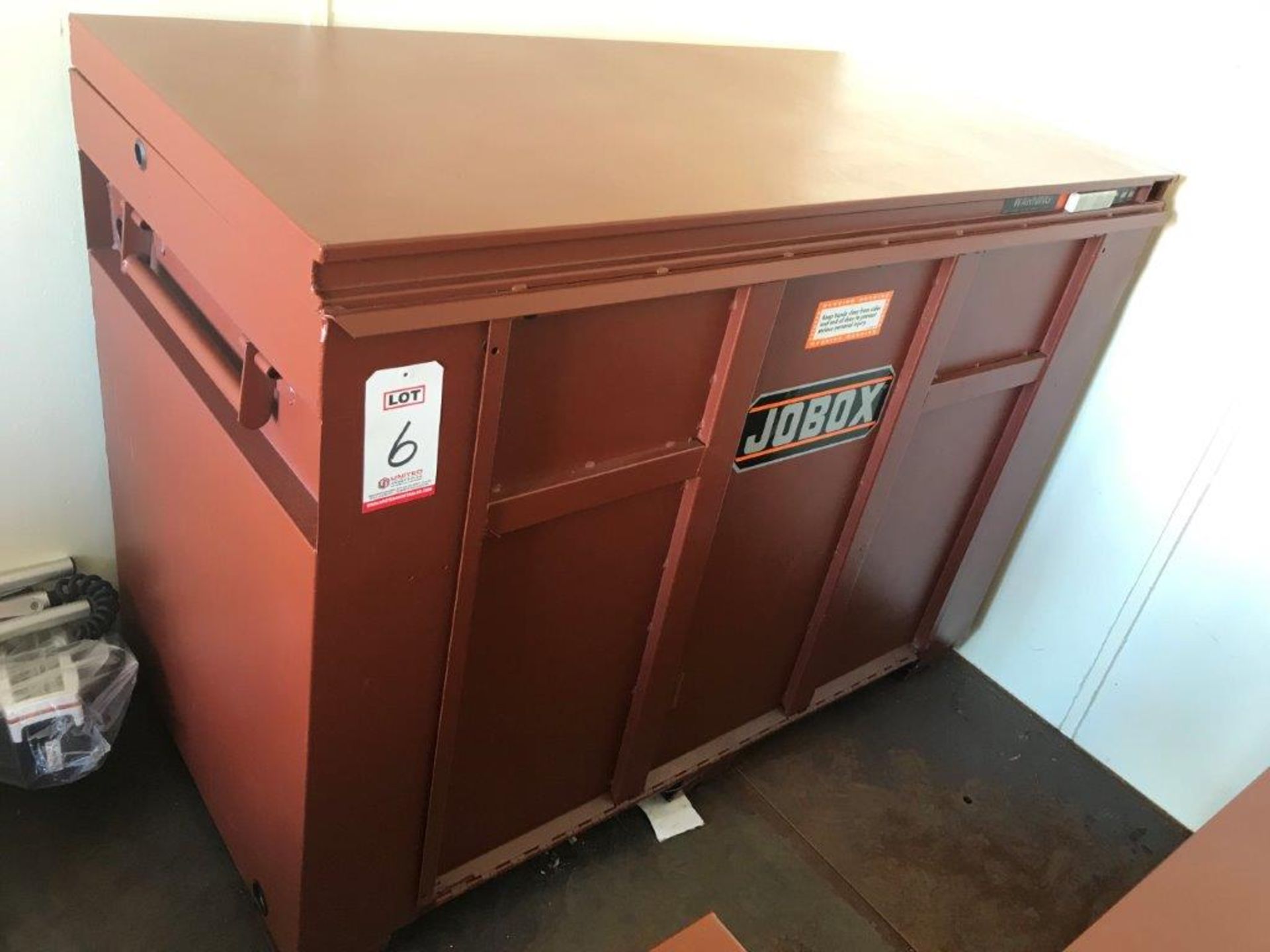 JOBOX, MODEL 1-657990, 60" X 30" X 42" DEEP, W/ CONTENTS: PPE, PLASTIC GAS CONTAINERS, ETC. (