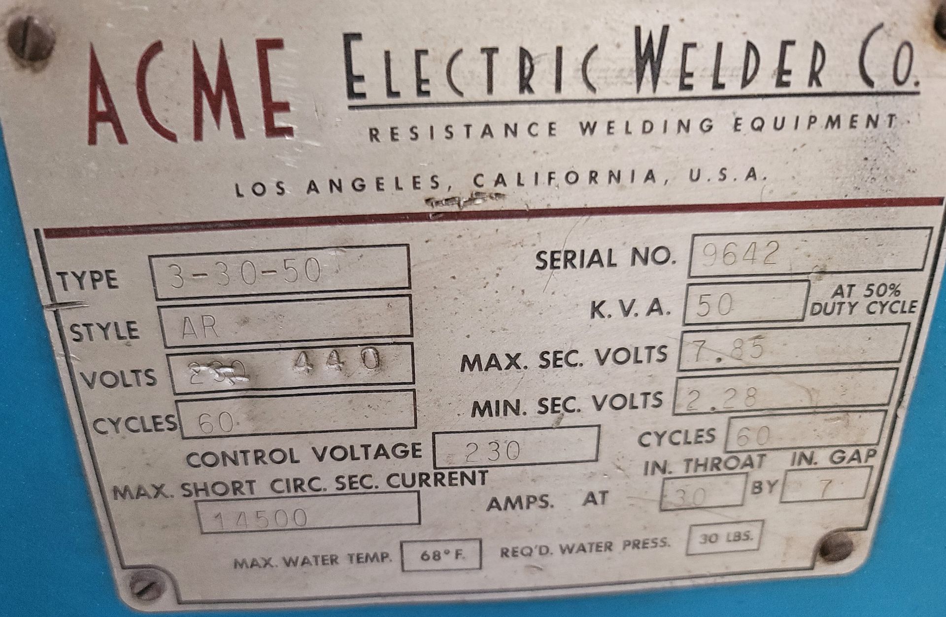 ACME 50 KVA SPOT WELDER, TYPE: 3-30-50, STYLE: AR, 440 V, CONTROL VOLTAGE: 230, S/N 9642, 22" - Image 3 of 3