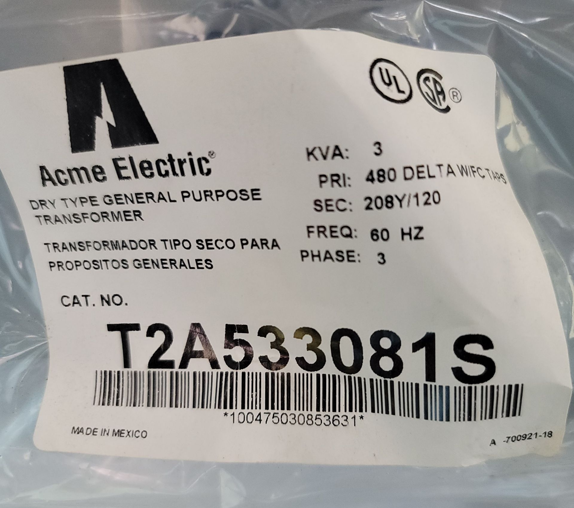 LOT - (3) ACME ELECTRIC T2A533081S DRY TYPE TRANSFORMERS, 3 KVA AND (1) 400A/600V SAFETY SWITCH - Image 2 of 5