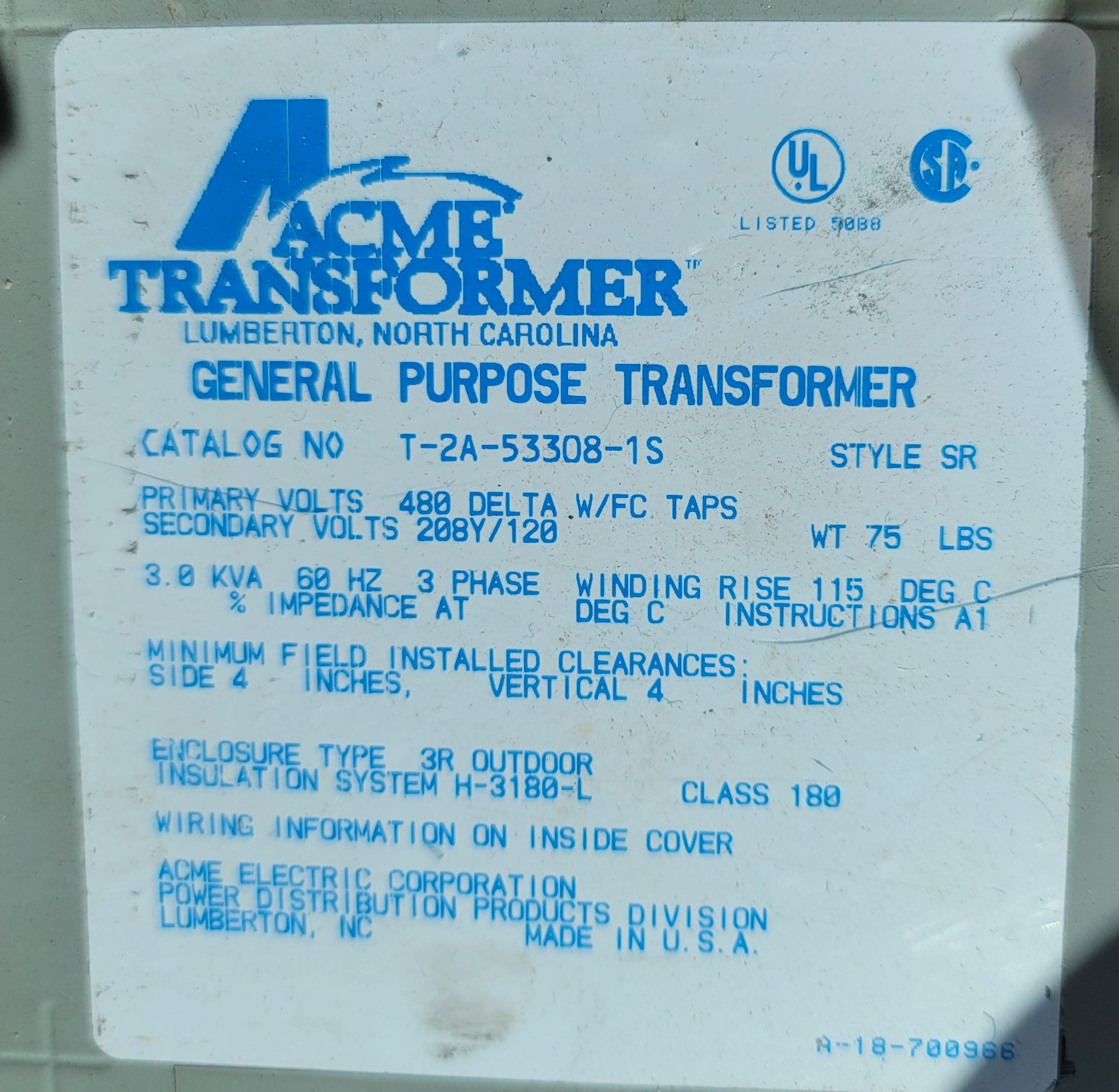 LOT - (3) ACME ELECTRIC T2A533081S DRY TYPE TRANSFORMERS, 3 KVA AND (1) 400A/600V SAFETY SWITCH - Image 4 of 5