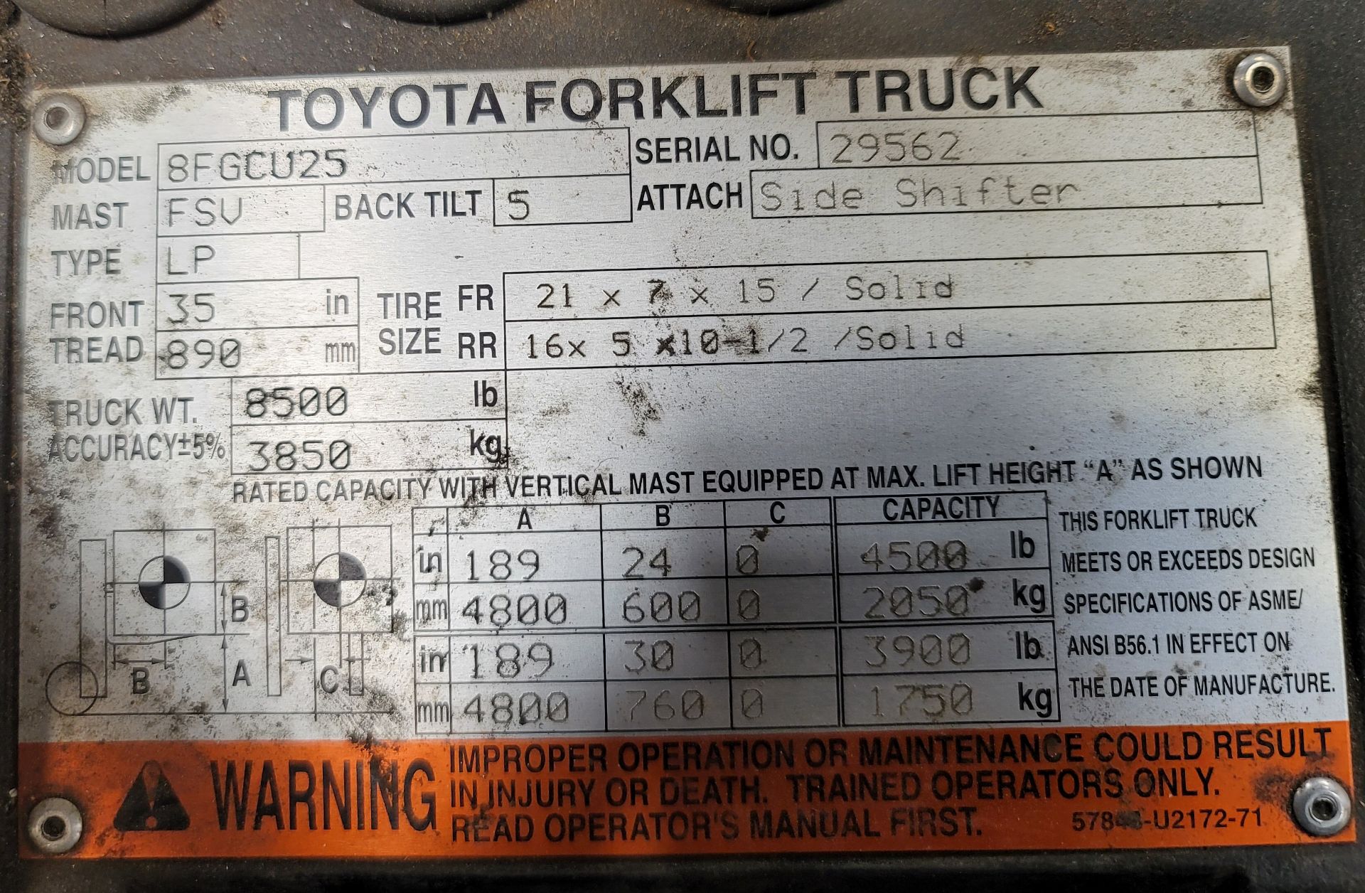 TOYOTA LP FORKLIFT, MODEL 8FGCU25, 9,120 HOURS, 5,000 LB CAPACITY, SIDE SHIFT, 3-STAGE MAST, 60" - Image 5 of 6