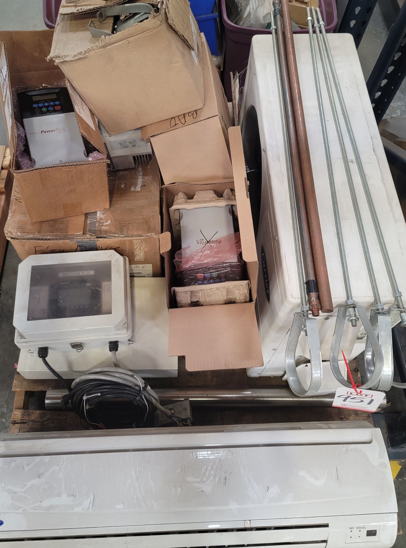 LOT - PALLET OF MISC ITEMS: AIR CONDITIONER, BROKEN VARIABLE FREQUENCY DRIVES, ETC.
