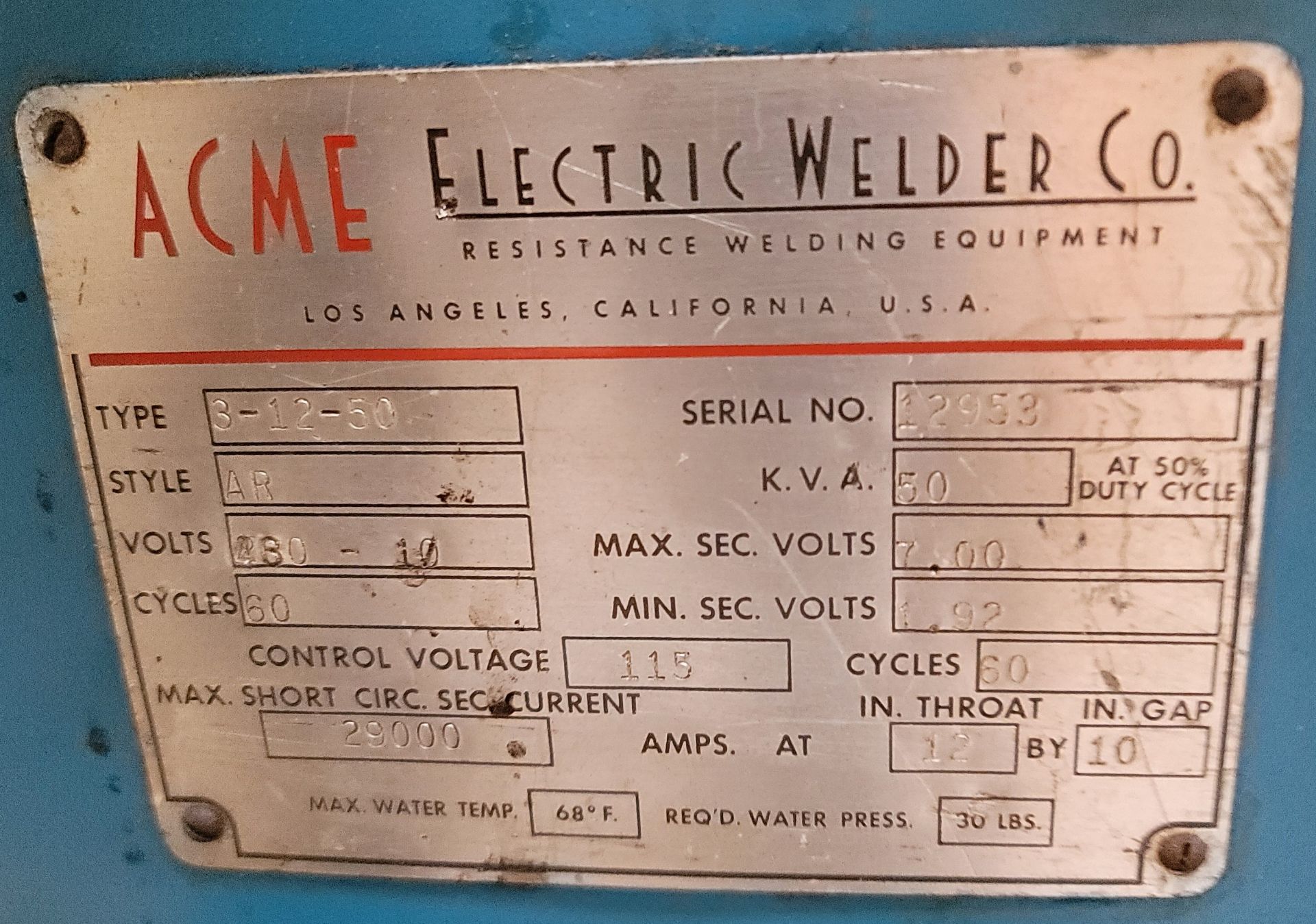 ACME 50 KVA SPOT WELDER, TYPE: 3-12-50, STYLE: AR, 460 V, CONTROL VOLTAGE: 115, S/N 12953, 22" - Image 5 of 5