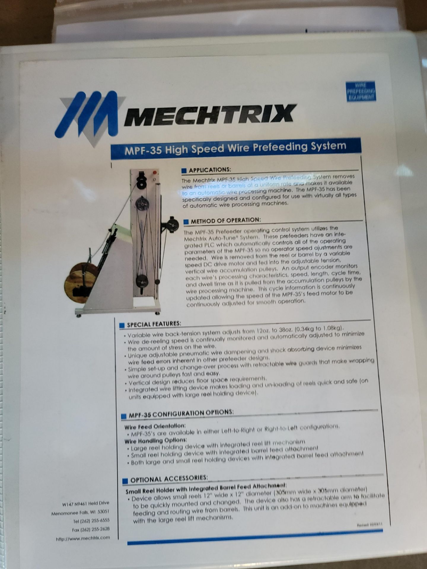 MECHTRIX MPF-35 HIGH SPEED WIRE PREFEEDING SYSTEM, MODEL 25700-501, S/N 17842 - Image 3 of 4