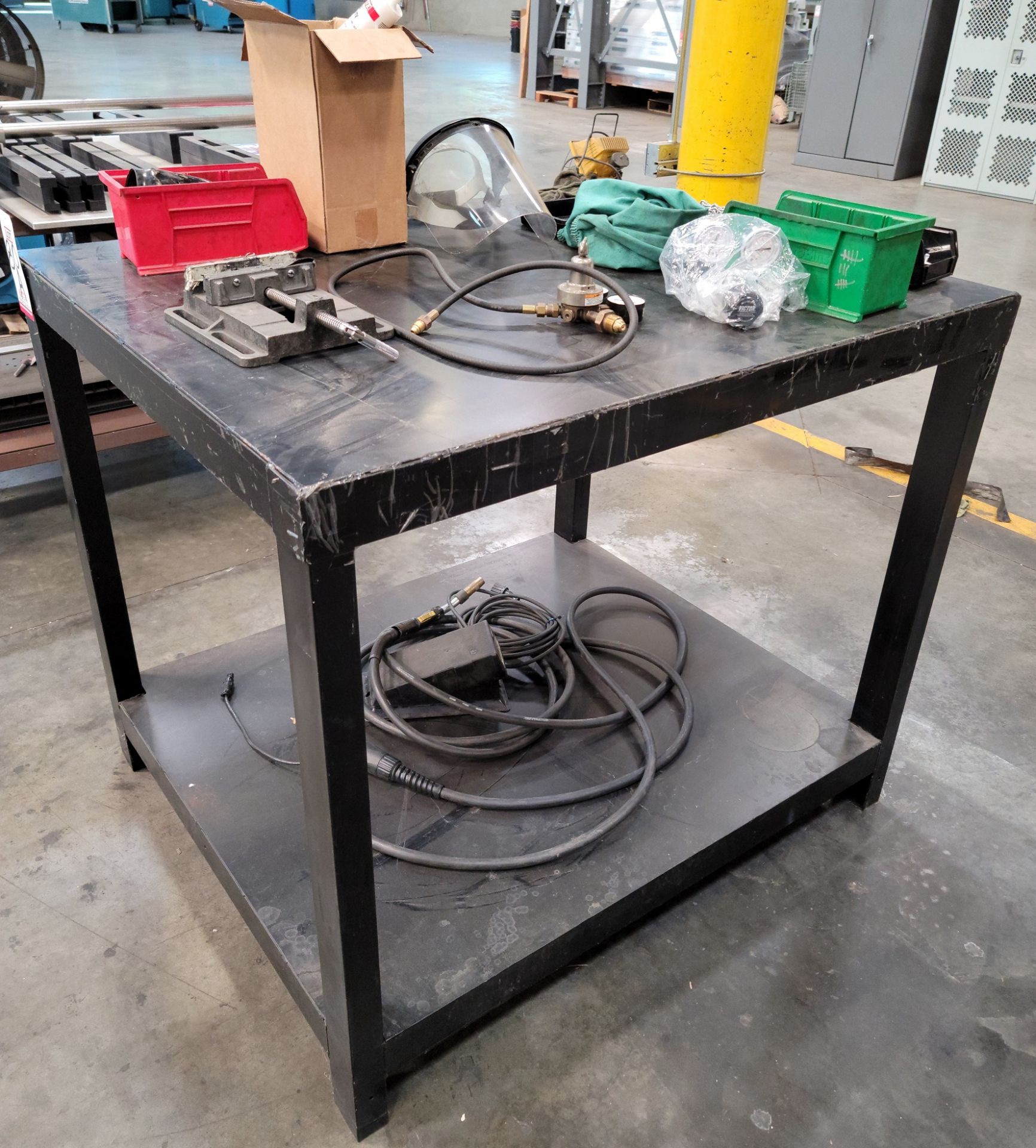 LOT - STEEL TABLE, W/ CONTENTS OF WELDING RELATED ITEMS