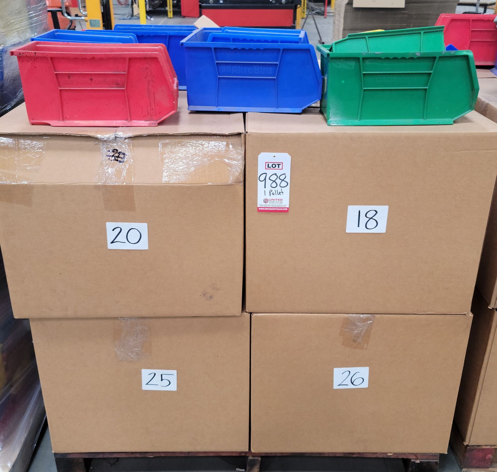 LOT - PALLET OF PLASTIC AKRO BINS, VARIOUS SIZES AND COLORS