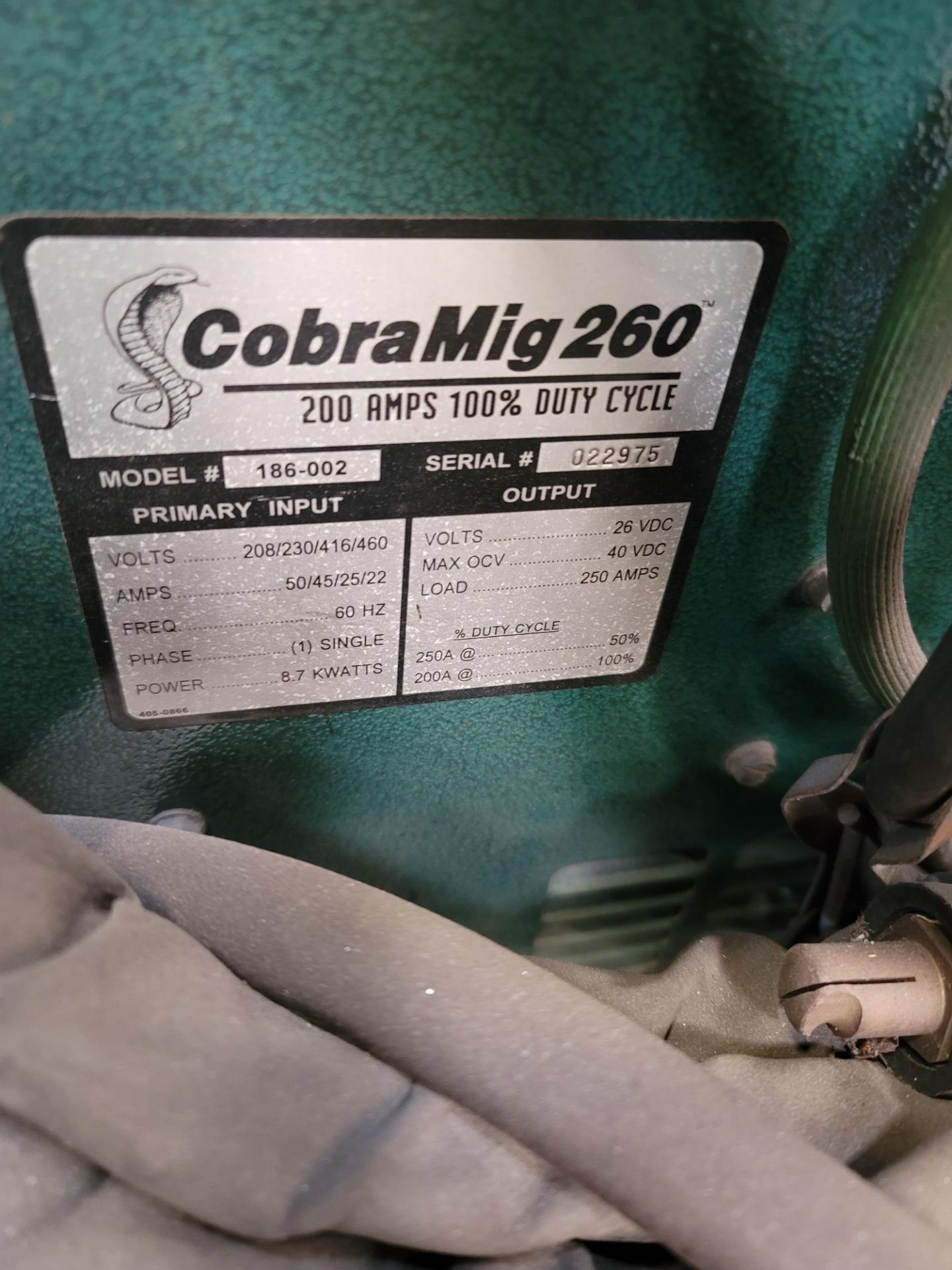 COBRAMATIC COBRAMIG 260 CV POWER SUPPLY W/ MIG WIRE FEEDER, MODEL 186-002, S/N 022975 - Image 3 of 3