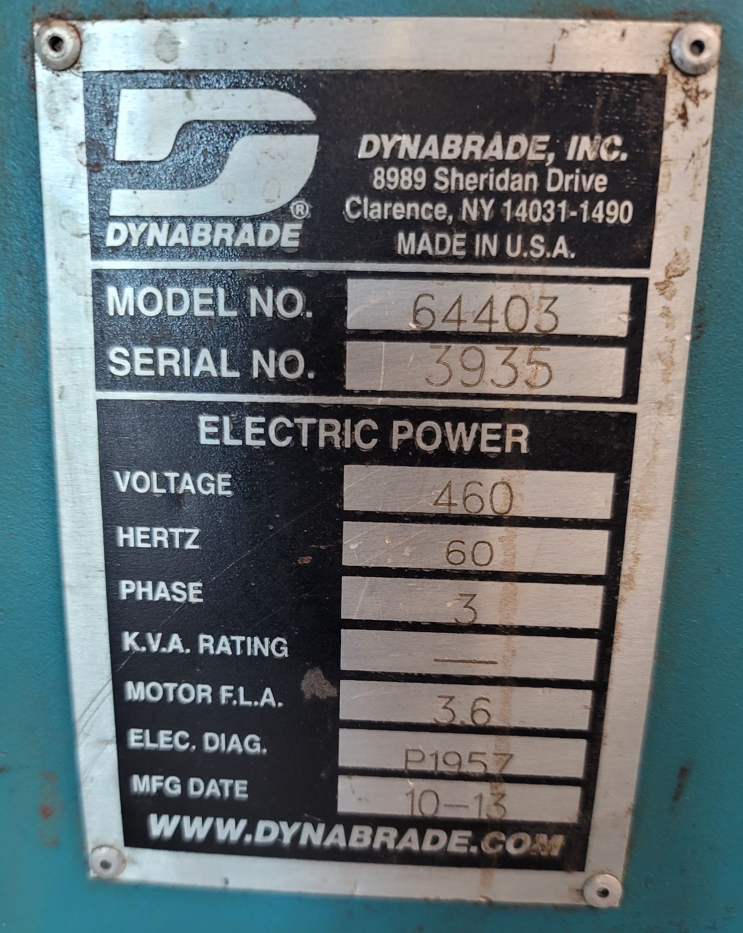 2013 DYNABRADE DOWNDRAFT TABLE, MODEL 64403, 460V, 3 PHASE, S/N 3935, ON CASTERS - Image 3 of 3