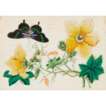 THREE PAINTINGS WITH FLOWERS AND BUTTERFLIES.