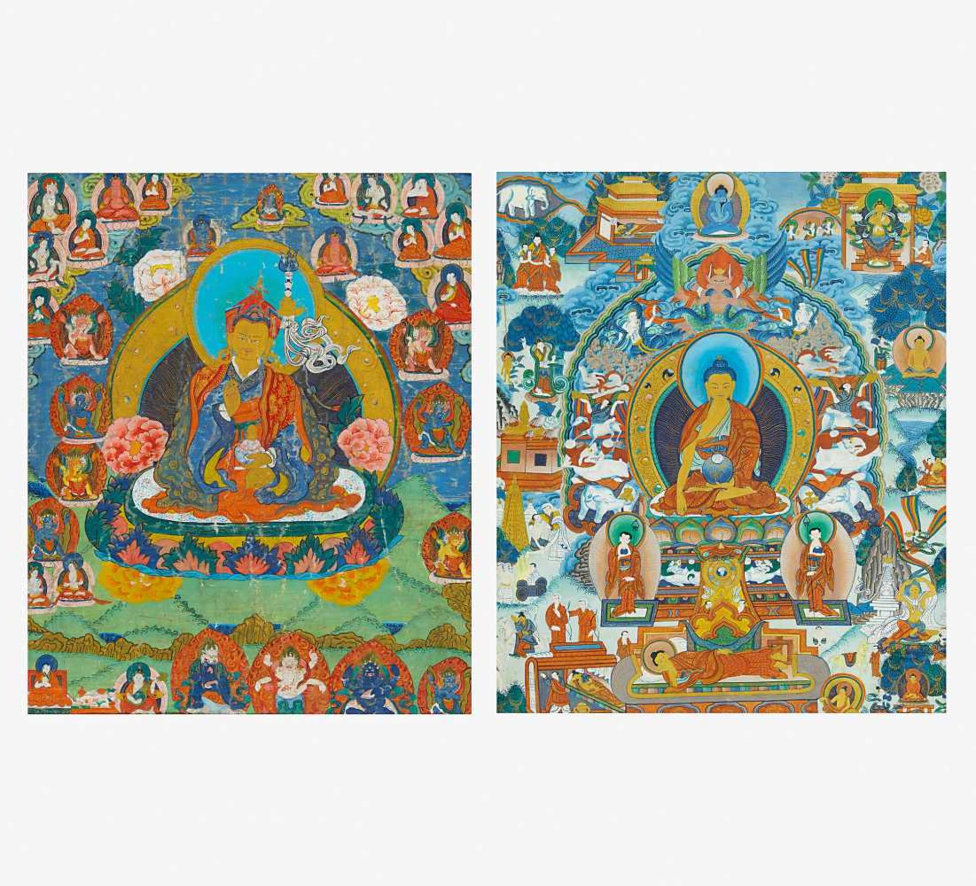 TWO THANGKA OF PADMASAMBHAVA AND THE LIFE OF BUDDHA.