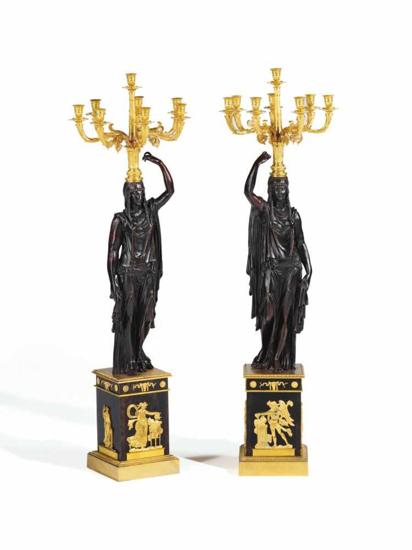PAIR OF GILT AND PATINATED BRONZE, EMPIRE STYLE CANDELABRA 'AUX VICTOIRES'.