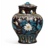 RARE FAHUA LIDDED VASE WITH PEACOCKS AND PEONIES.