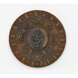 WOODEN DISH WITH BUDDHIST FIGURES AND MOTIVS.