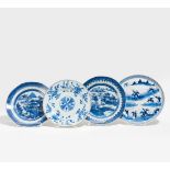 FOUR BLUE AND WHITE DISHES.
