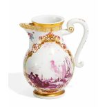 PORCELAIN COFFEE POT WITH MERCHANT NAVY SCENES IN PURPLE CAMAIEU.