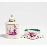 PORCELAIN SALT AND TEA CADDY WITH PURPLE DECOR.