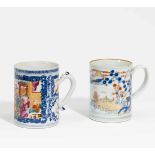 TWO MUGS WITH FIGURAL AND LANDSCAPE DESIGN.