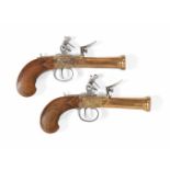 PAIR OF BRONZE AND IRON FLINTLOCK MECHANISM HOLSTER PISTOLS.