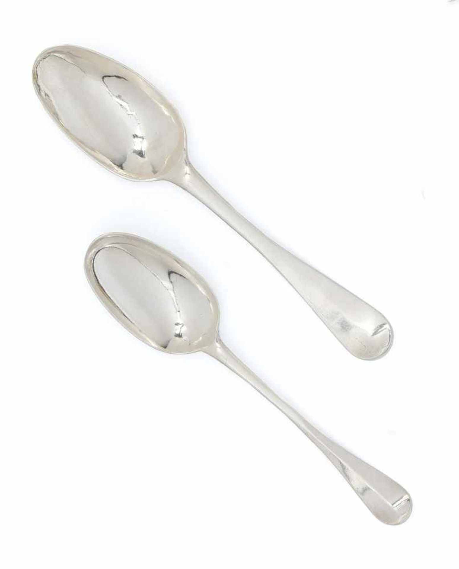 TWO LARGE SILVER GEORGE II SPOONS.