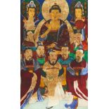 BUDDHA SHAKYAMUNI ESCORTED BY BODHISATTVA AND DIGNITARIES.