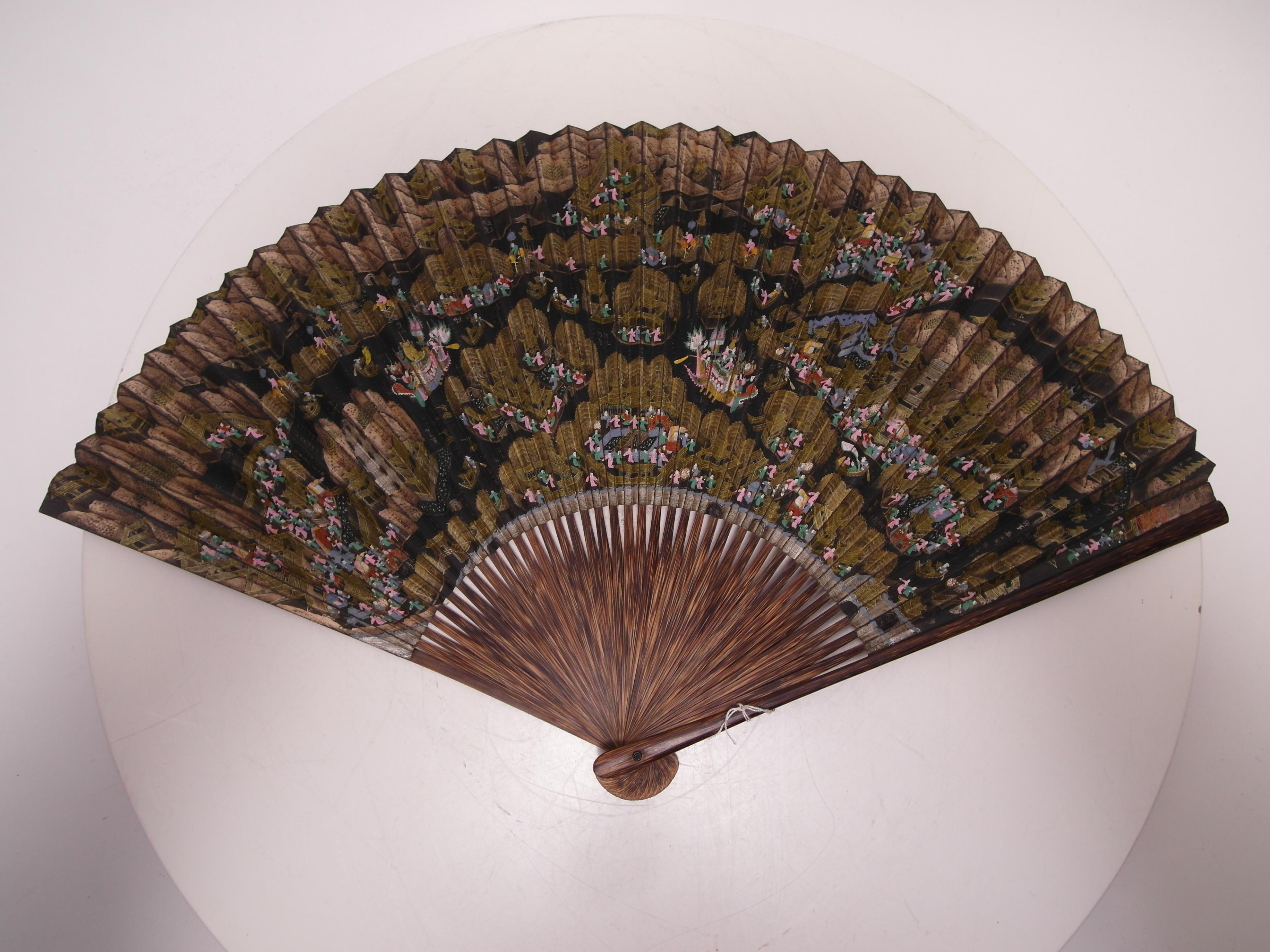 FAN WITH GENRE SCENES AND FAN FROM SHU LIAN JI WITH VIEWS OF THE WEST LAKE AND BUDDHIST TEMPLES. - Image 9 of 14