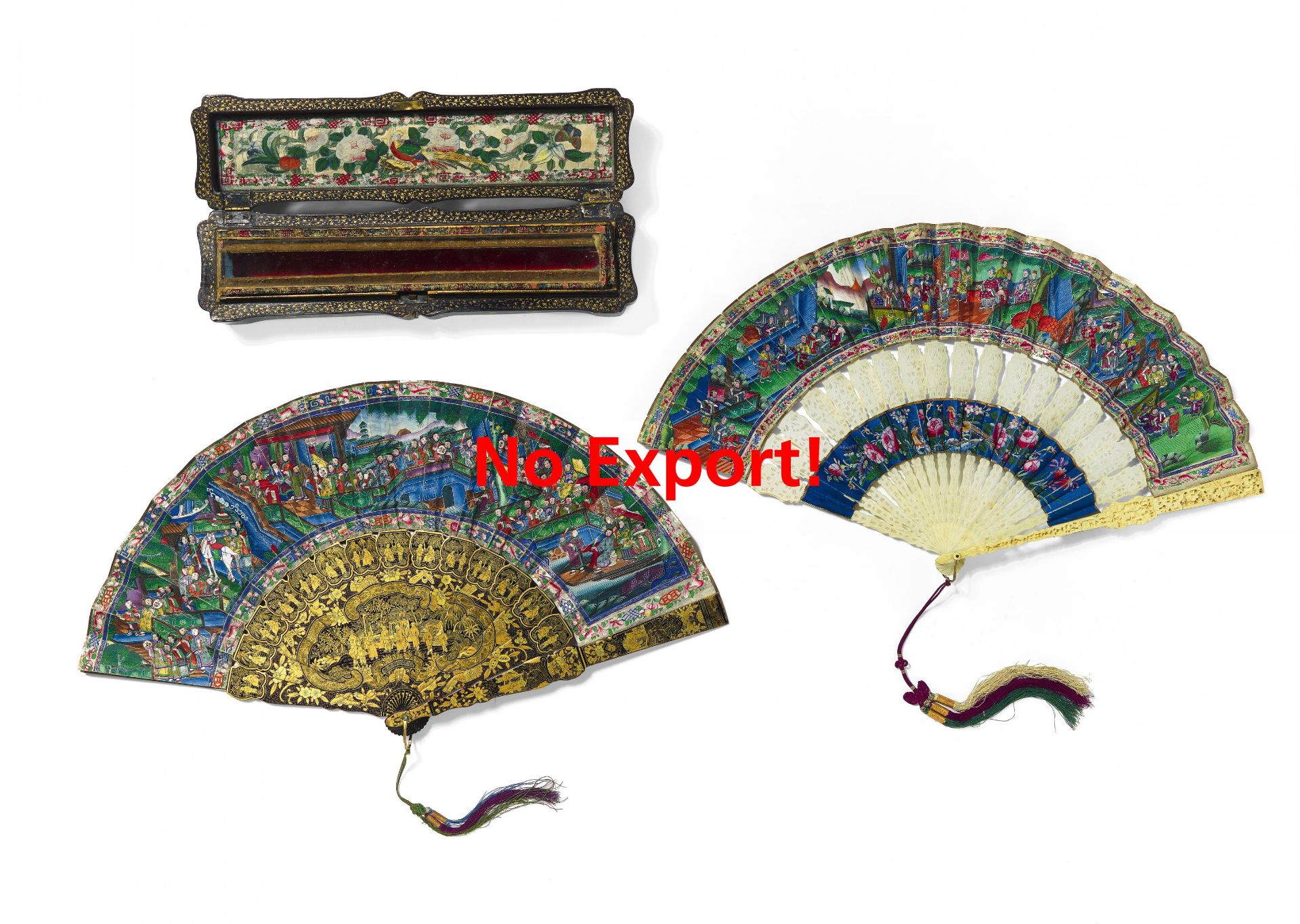 TWO FANS WITH GENRE SCENES, BIRDS AND FLOWERS. Origin: China. Dynasty: Qing dynasty. Date: Ca. 1870.