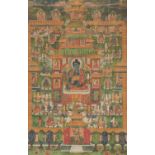 THANGKA OF BHAISAJYAGURU IN THE PALACE OF THE EASTERN PARADISE. Origin: Mongolia. Date: 18th/19th c.