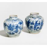 PAIR OF SMALLER JARS WITH SCHOLARS IN THE GARDEN. Origin: China. Dynasty: Late Ming dynasty.