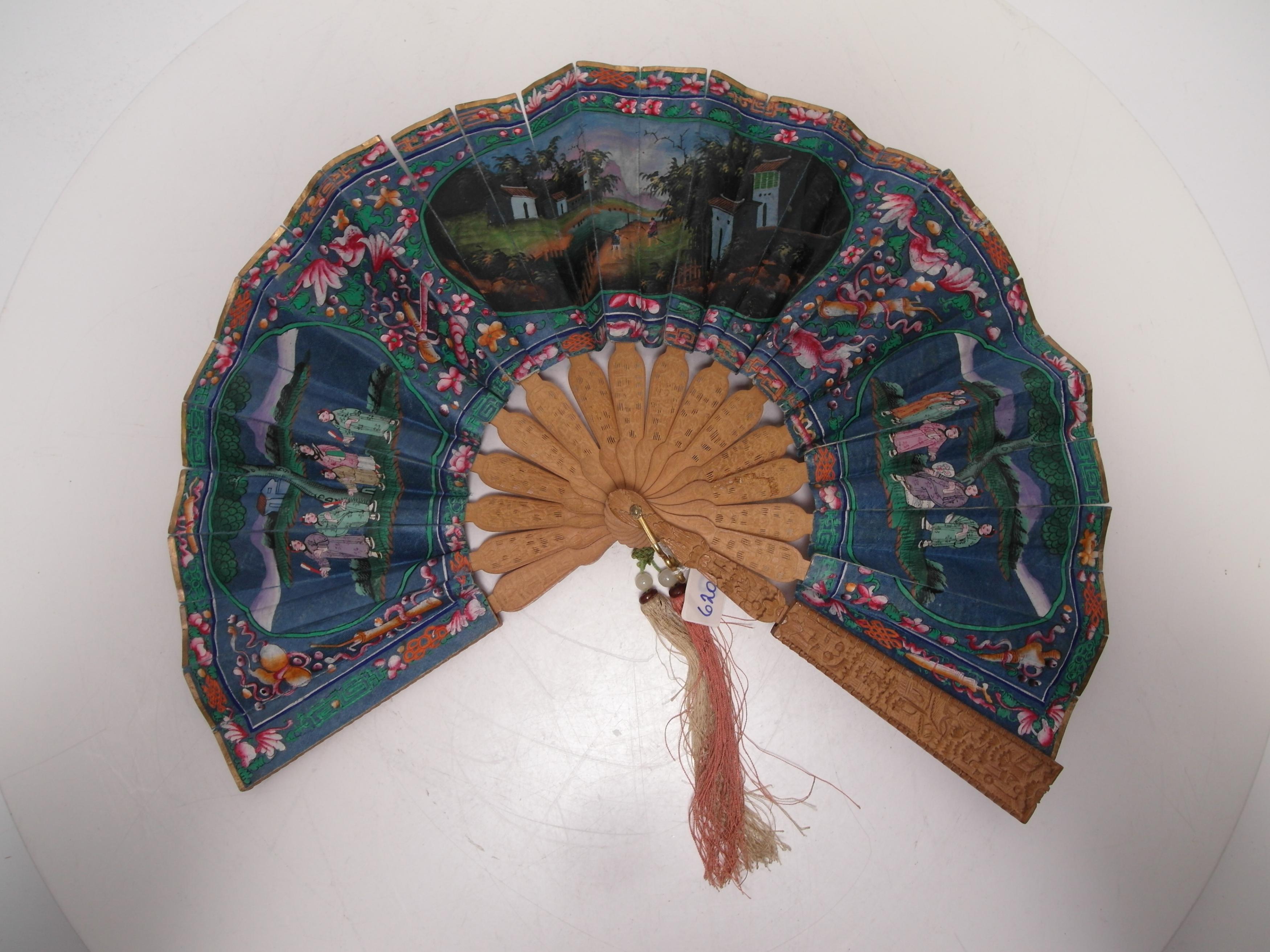 TWO FANS WITH GENRE SCENES, LANDSCAPES AND FLOWERS. Origin: China. Dynasty: Qing dynasty. Date: - Image 6 of 11