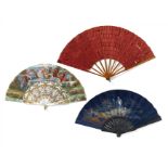 THREE FANS WITH GENRE SCENES AND FLOWERS. Origin: France. Date: 19th-early 20th c. Description: a)