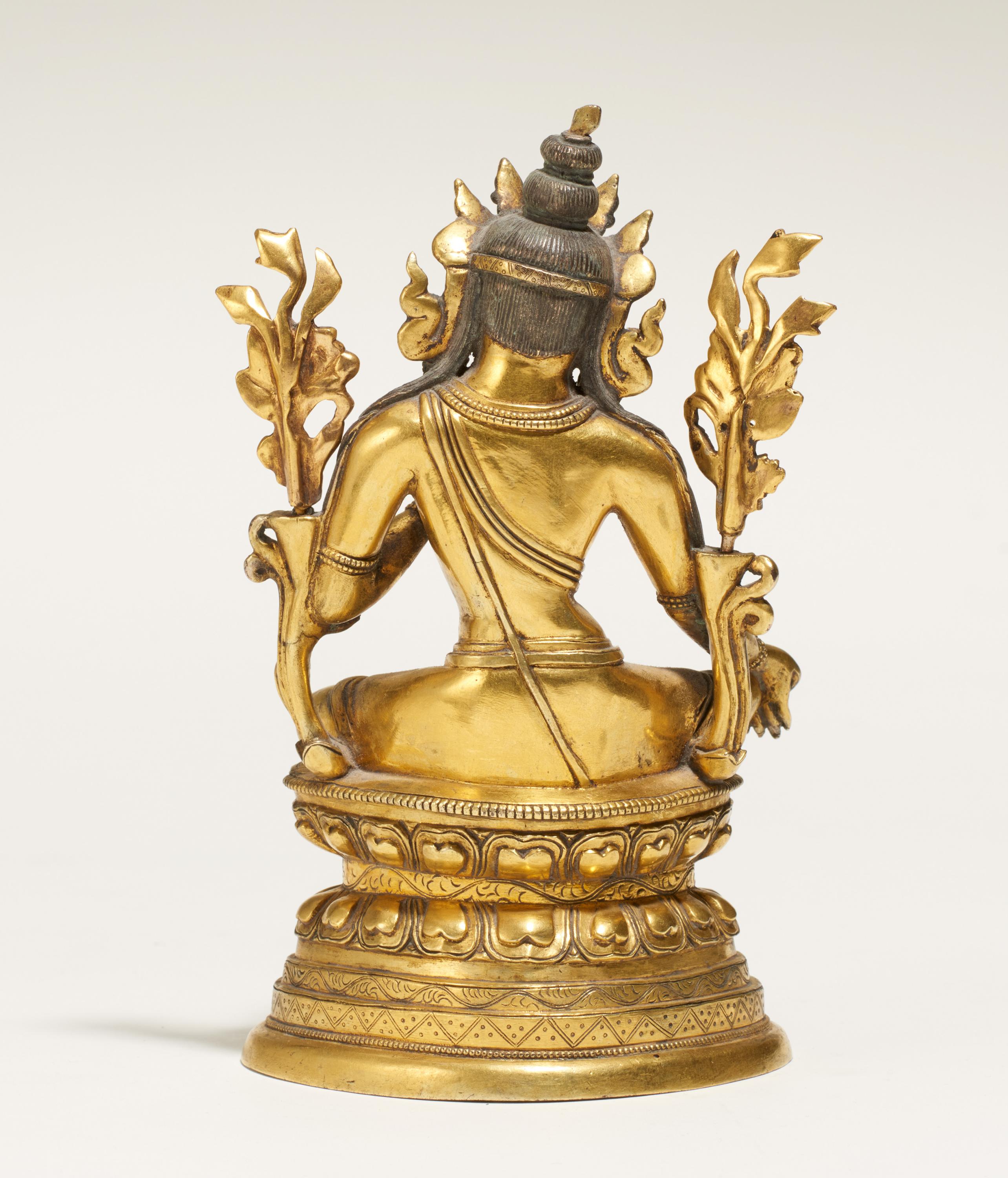 THE GREEN TARA. Origin: Sino-Tibetan. Technique: Old copper bronze with fire gilding and cold - Image 2 of 6