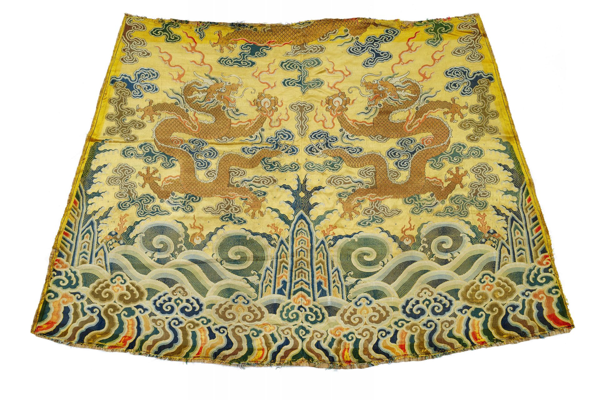 RARE FRAGMENT OF AN IMPERIAL YELLOW DRAGON ROBE. Origin: China. Dynasty: Qing dynasty. Date: 18th c.