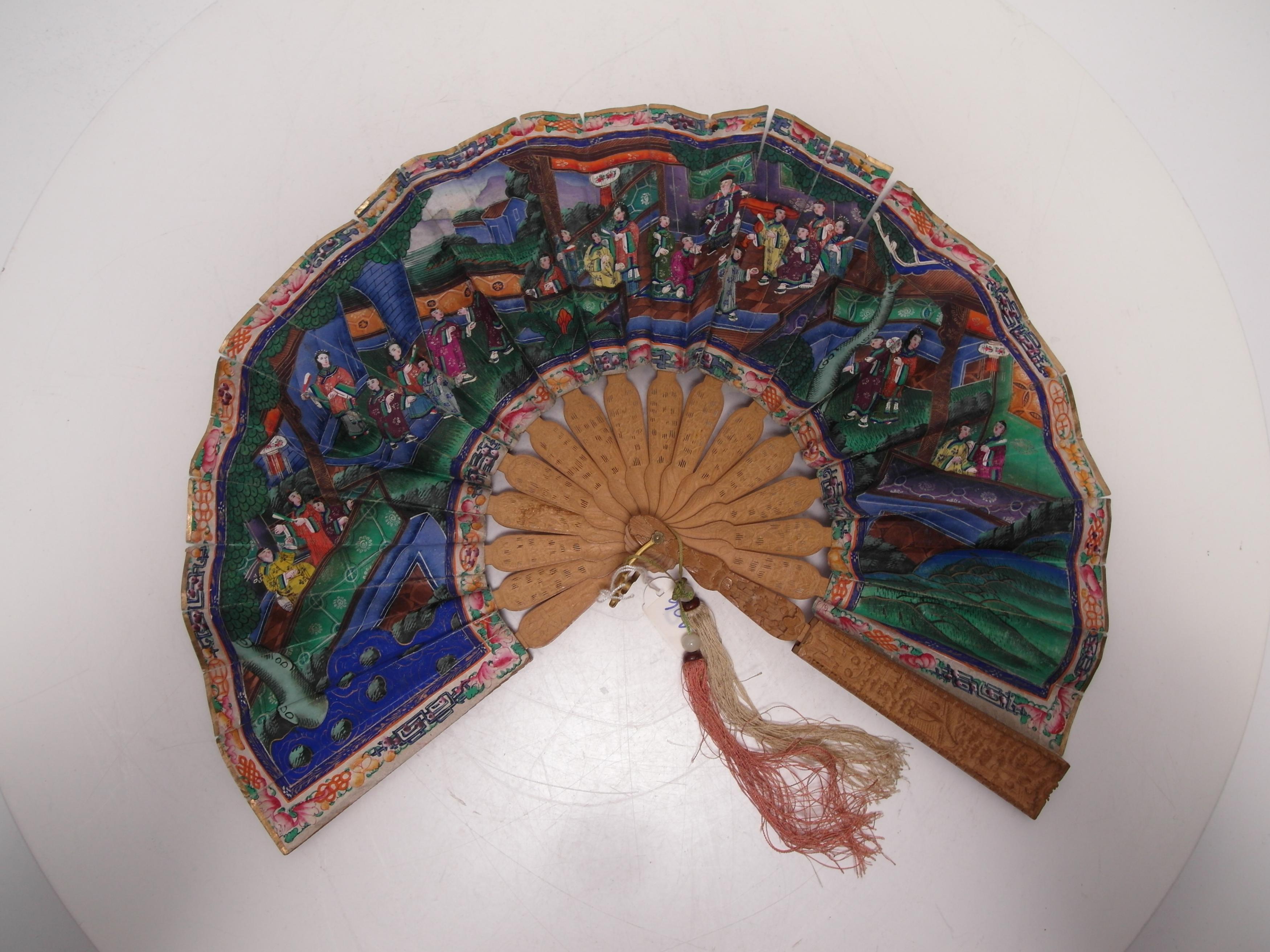 TWO FANS WITH GENRE SCENES, LANDSCAPES AND FLOWERS. Origin: China. Dynasty: Qing dynasty. Date: - Image 5 of 11