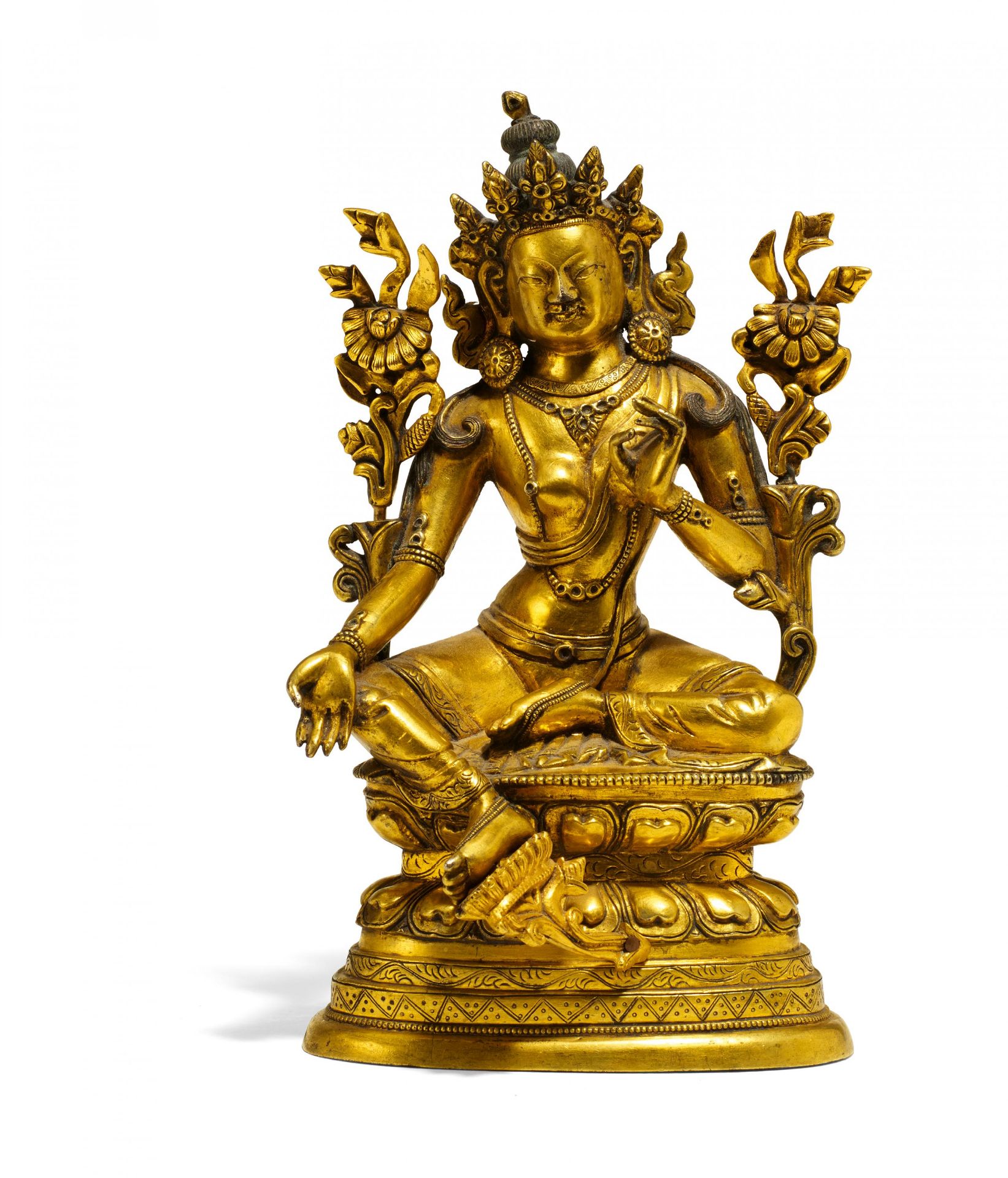 THE GREEN TARA. Origin: Sino-Tibetan. Technique: Old copper bronze with fire gilding and cold