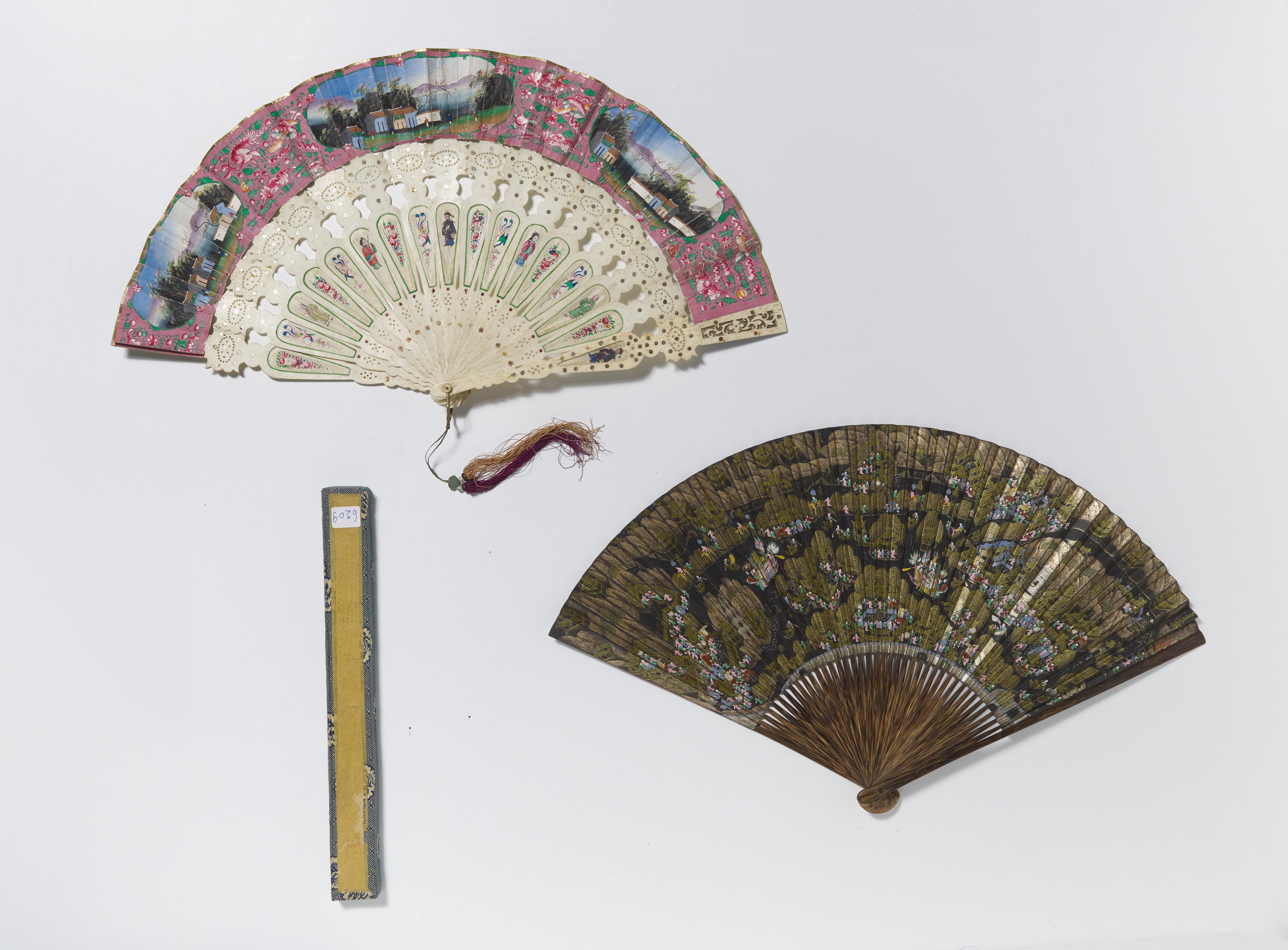 FAN WITH GENRE SCENES AND FAN FROM SHU LIAN JI WITH VIEWS OF THE WEST LAKE AND BUDDHIST TEMPLES. - Image 2 of 14