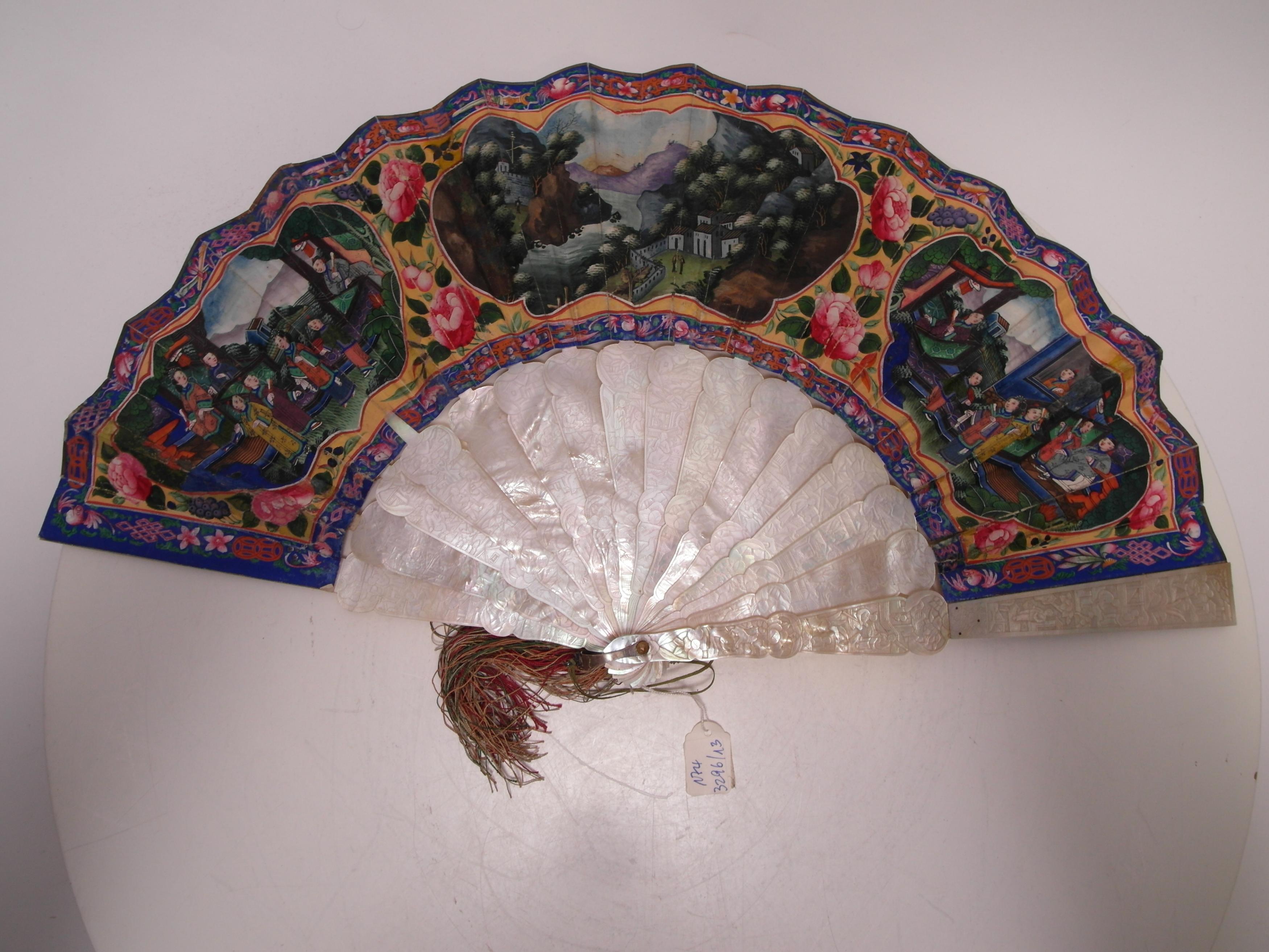 TWO FANS WITH GENRE SCENES, LANDSCAPES AND FLOWERS. Origin: China. Dynasty: Qing dynasty. Date: - Image 9 of 11