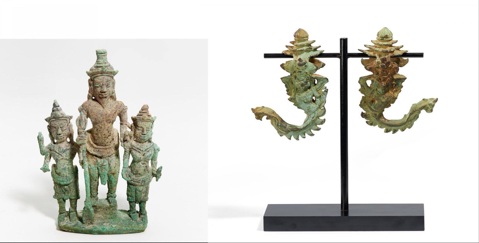 SMALL TRIAD VOTIVE FIGURE OF SHIVA AND A PAIR OF PALANQUIN HOOKS WITH GARUDA. Origin: Khmer.