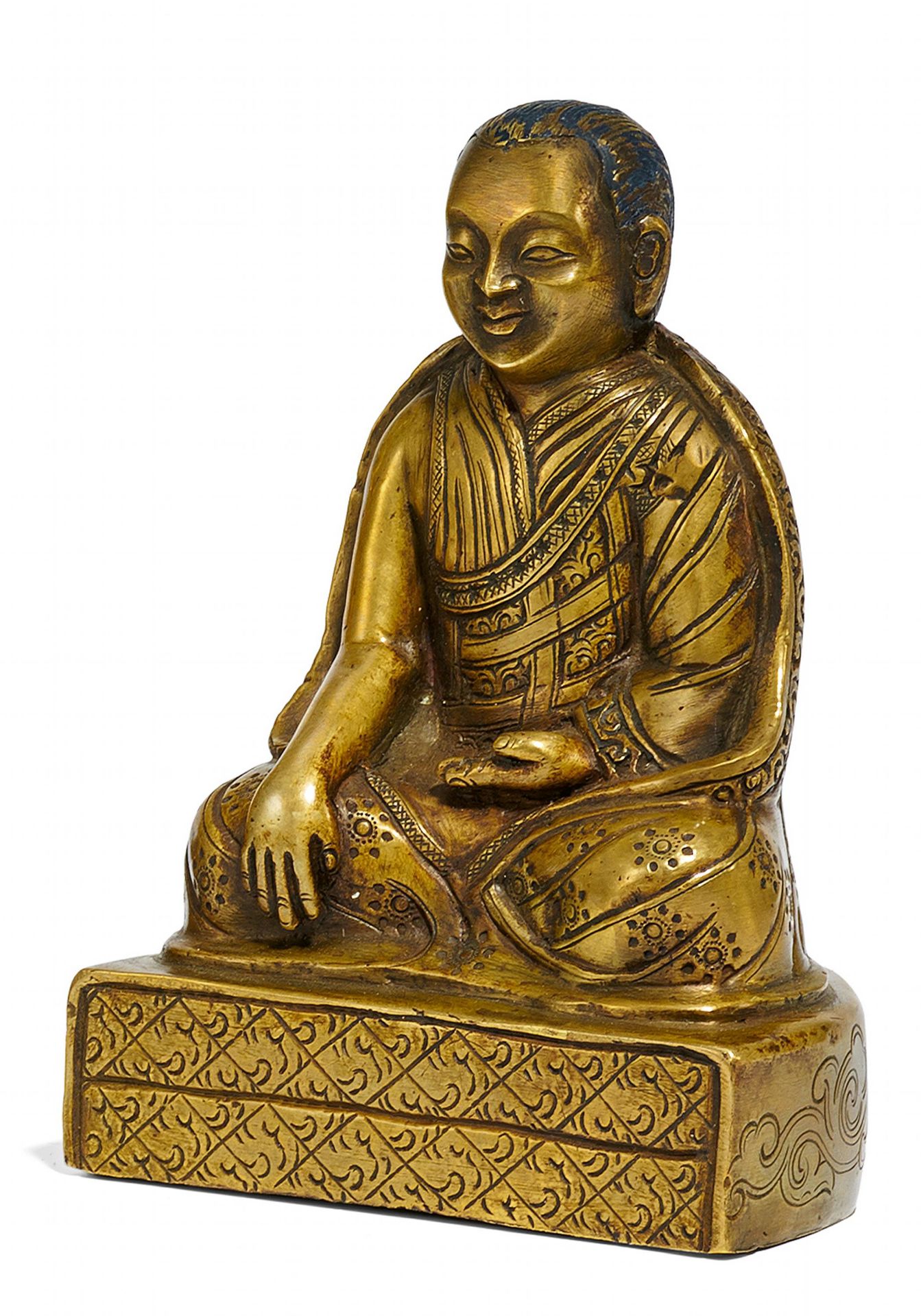 RARE DEPICTION OF LAMA ZHANG TSUNDRU DRAGPA. Origin: Tibet. Technique: Bronze with remains of