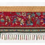 VALANCE WITH IMMORTALS AND DEITIES. Origin: China. Date: Ca. 1900. Technique: Red satin silk,