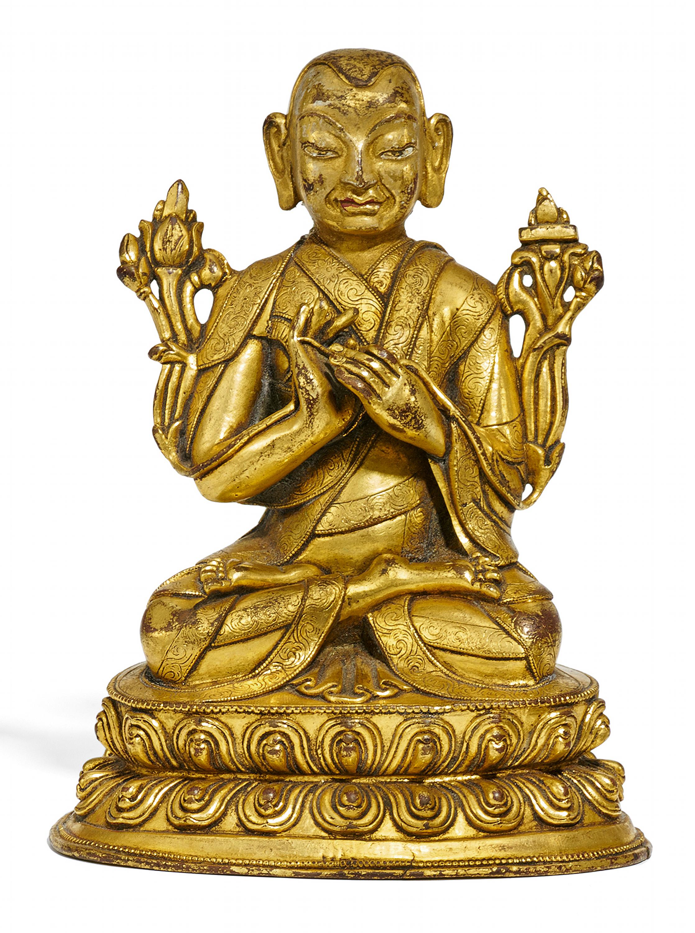 LAMA WITH HIS HANDS IN TEACHING GESTURE. Origin: Tibet. Date: 17th-18th c. Technique: Fire gilt