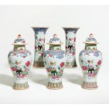 FIVE-PART VASE SET WITH ANTIQUITIES AND FLOWERS. Origin: China. Dynasty: Qing dynasty. Date: 18th c.
