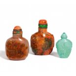 THREE SNUFFBOTTLE FROM STONE. Origin: China. Dynasty: Qing dynasty (1644-1912). Description: a)