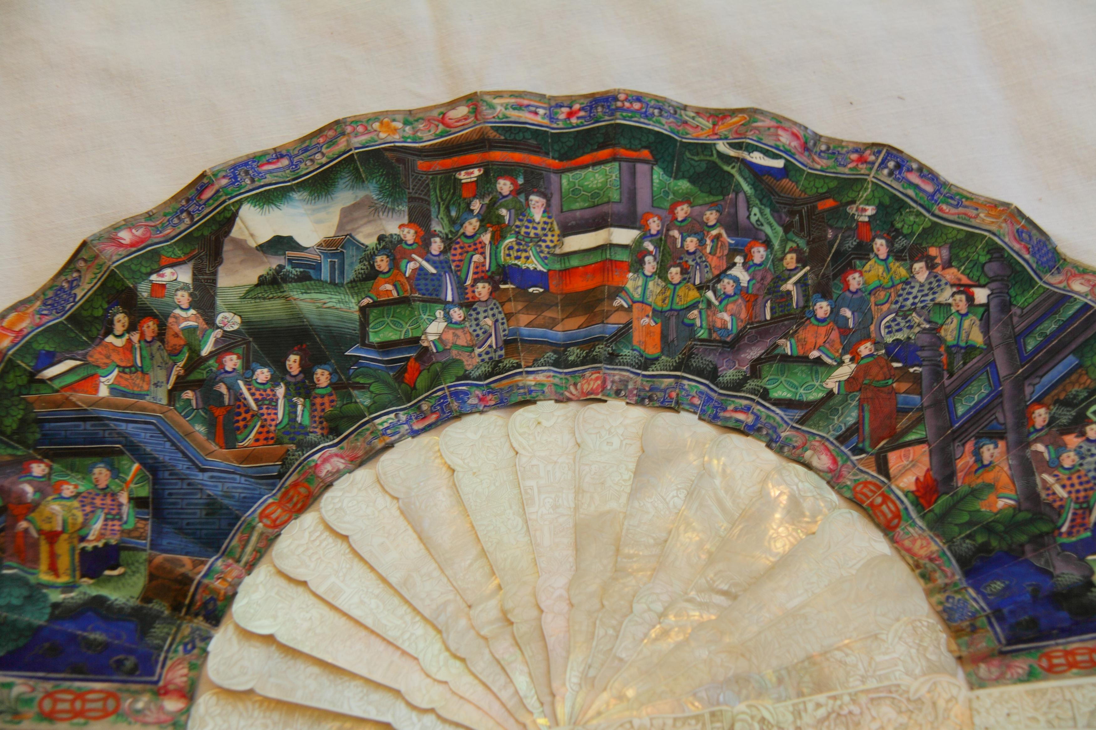 FAN WITH GENRE SCENES AND FAN FROM SHU LIAN JI WITH VIEWS OF THE WEST LAKE AND BUDDHIST TEMPLES. - Image 6 of 14