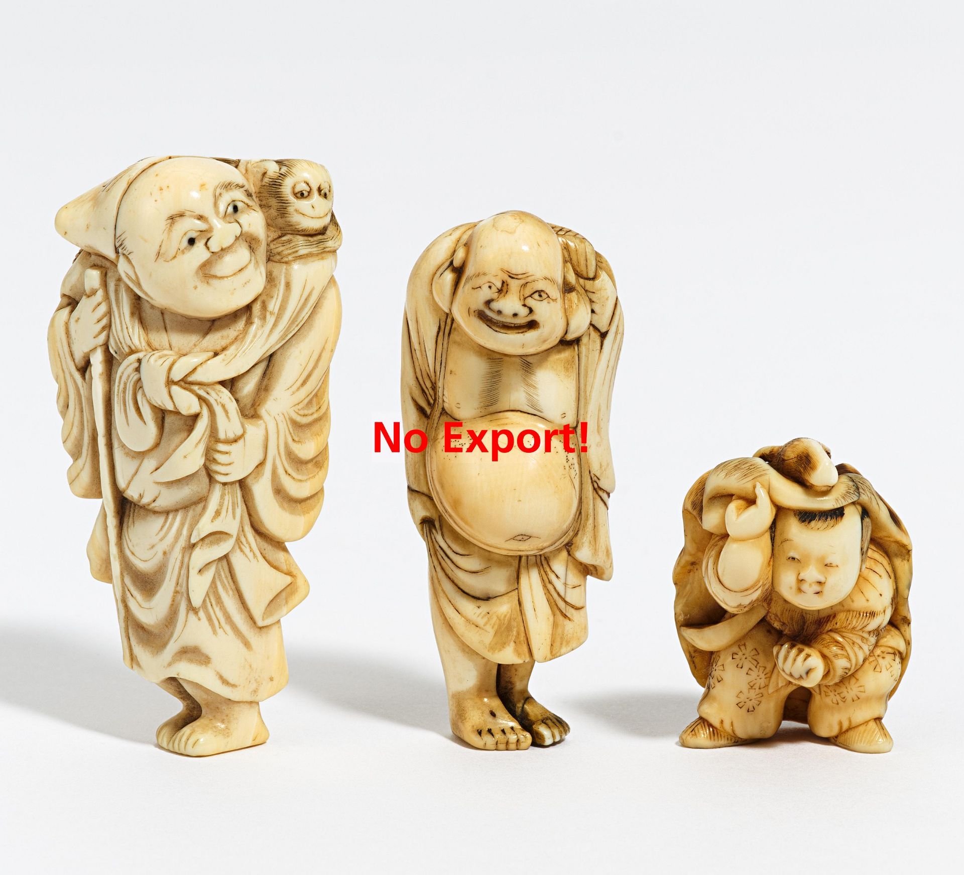 THREE NETSUKE: SARUMAWASHI, HOTEI AND ENSHI. Origin: Japan. Date: 19th c. Technique: Ivory resp.