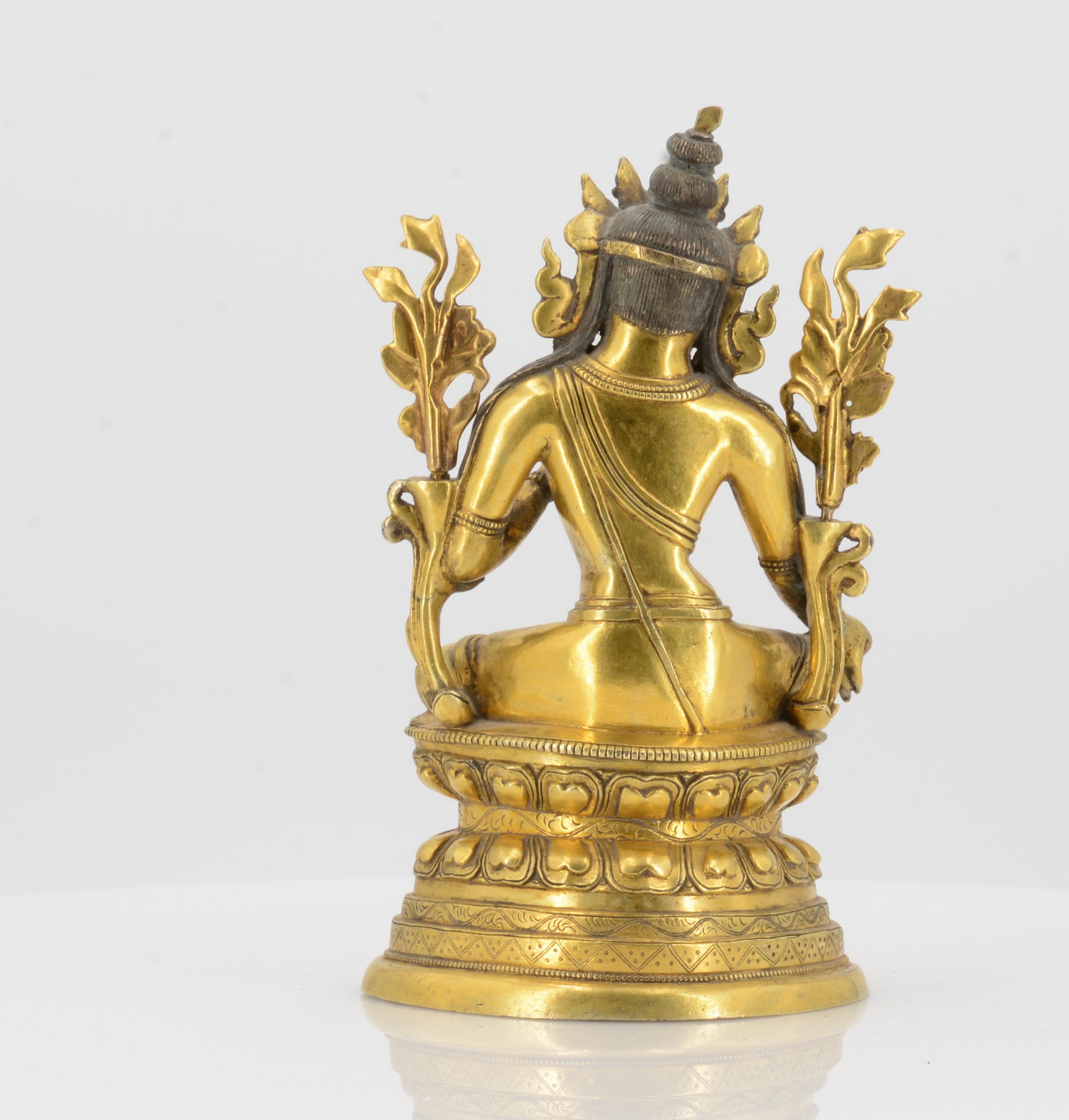 THE GREEN TARA. Origin: Sino-Tibetan. Technique: Old copper bronze with fire gilding and cold - Image 4 of 6