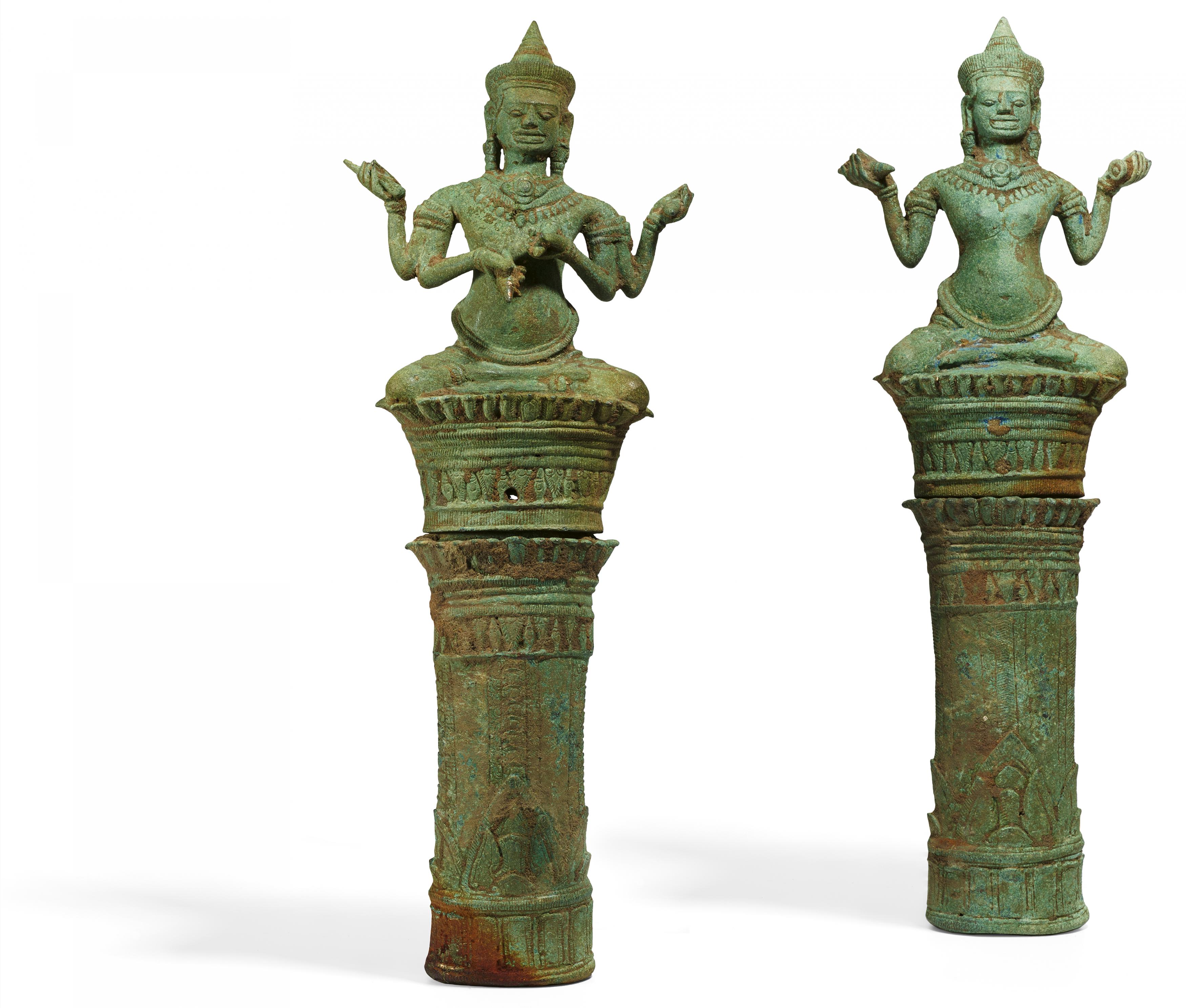 TWO RARE TANTRIC BUDDHIST FIGURES ON HIGH PEDESTALS. Origin: Khmer. Angkor Wat. Dynasty: Bayon